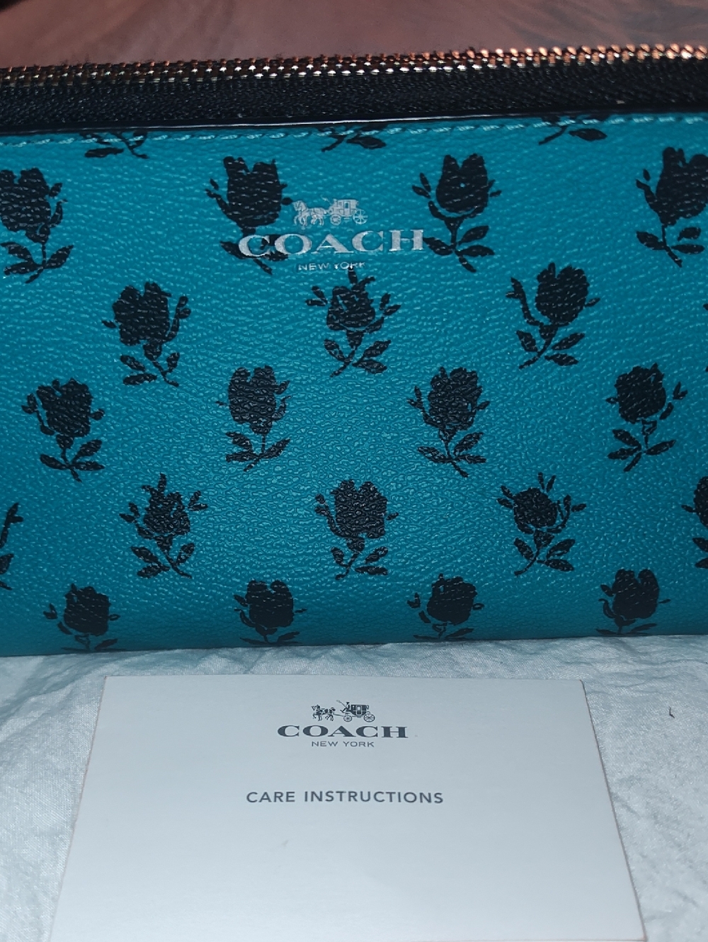 Coach NWOT Teal Cosmetic Pouch with Black Floral Print - Picture 2 of 8